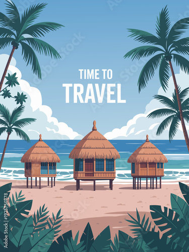 Thatched Bungalows Beach Poster, Highlighting Row of Conical Thatched Roof Huts on Sandy Beach with Blue-Framed Windows