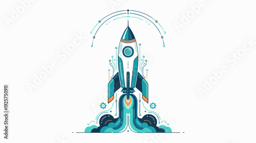 Futuristic Rocket Launching into Space with Abstract Elements.