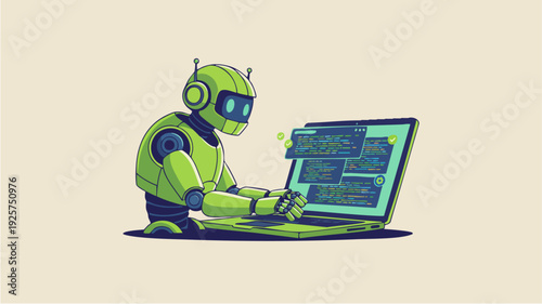 Green robot working diligently on a laptop computer screen.