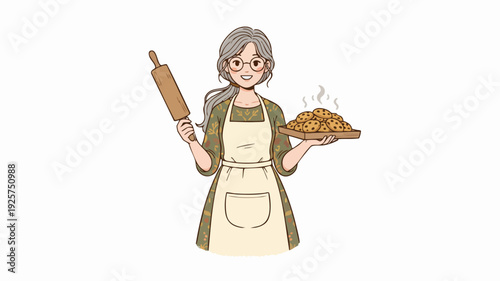 Happy grandmother holding a freshly baked pie and rolling pin.