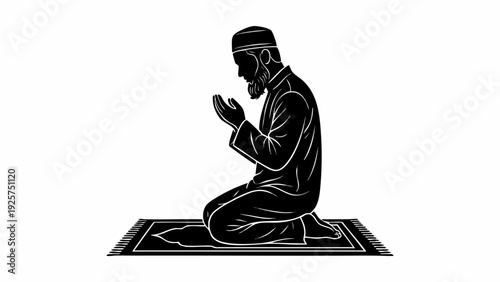 Muslim man praying on a rug in silhouette style.