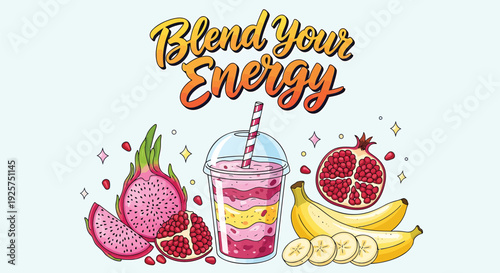 Tropical smoothie illustration with fruits and text