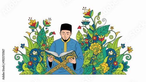 Muslim man reading holy Quran surrounded by nature.