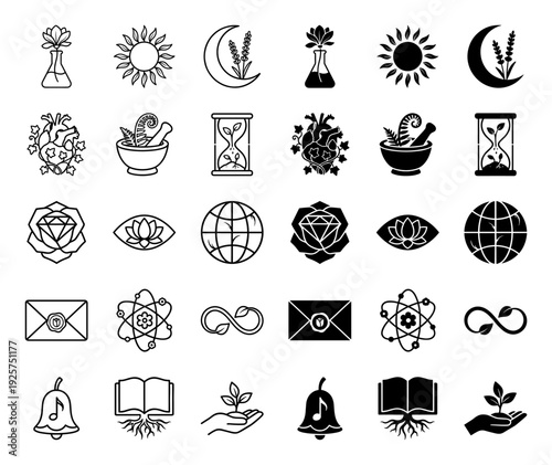 Mystical hybrid icon collection featuring symbolic fusions of nature and science in both thin line and solid silhouette styles for modern branding