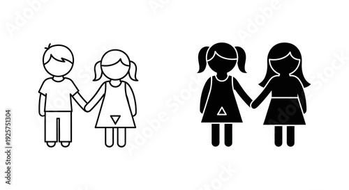 Two pairs of figures holding hands one outlined and one solid black