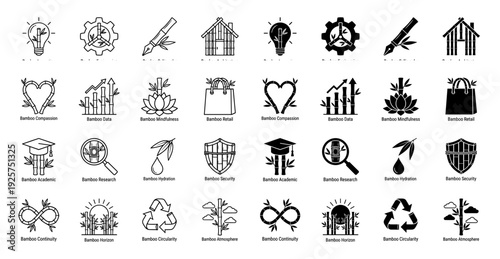 Collection of bamboo hybrid icons featuring organic stalks merged with symbols for education research sustainability and commerce in outline and solid styles