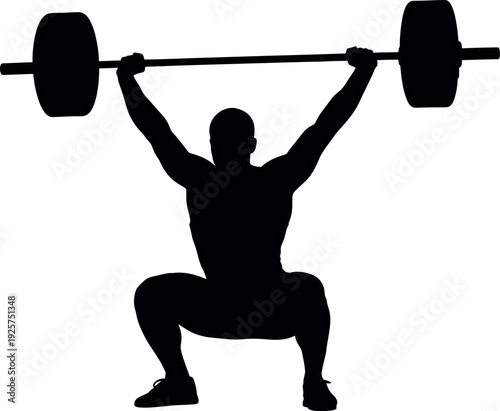 Silhouette of a person doing a squat with a barbell overhead
