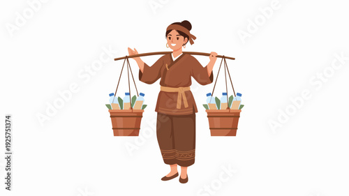 Traditional woman carrying milk bottles on shoulder pole.