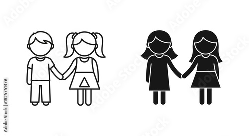 Simple black and white icons depicting two pairs of children holding hands