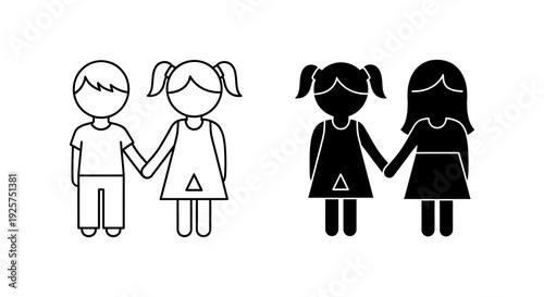 Simple black and white icons depicting two pairs of children holding hands