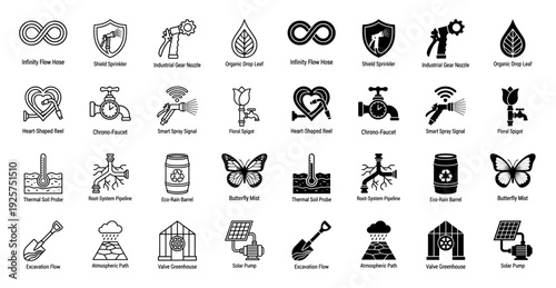 Hybrid garden tool icon set featuring conceptual mergers like heart shaped hose reels and floral spigots in minimalist outline and solid styles