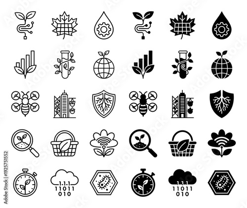 Biotechnology and agritech icon set featuring hybrid designs of organic plants with digital circuits laboratory glass and sustainable energy symbols