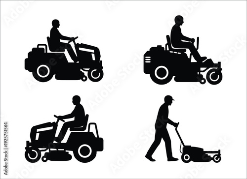Black silhouettes depicting lawn care activities mowing and operating vehicles