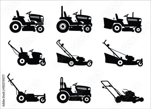 Black and white silhouettes of various farming and lawn care equipment