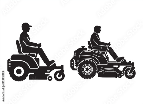 Two silhouettes of men operating riding lawn mowers in profile view
