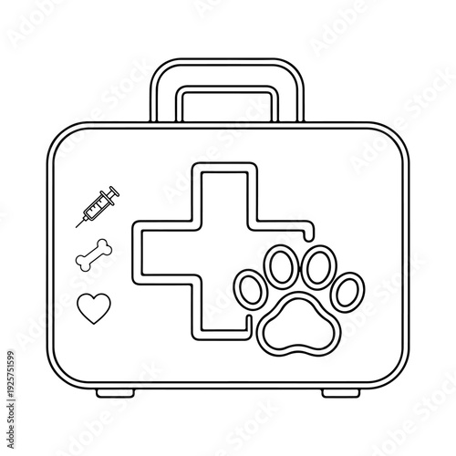 Veterinary Medical First Aid Kit Icon- A line art drawing of a medical briefcase featuring a cross and a paw print, surrounded by small icons of a syringe, bone, and heart.