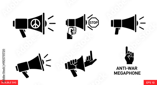 Six black and white icons depicting megaphones with symbols of peace, stop, and anti-war messages for protest and activism.