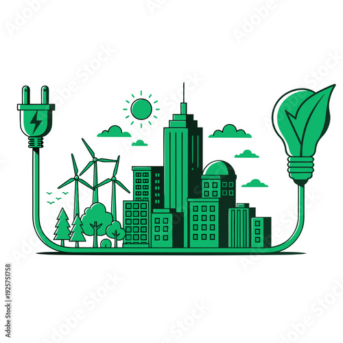 Eco friendly city powered by renewable energy, with plug and light bulb