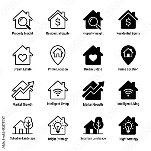 Real estate and property market icons combining house silhouettes with symbols for financial equity growth location strategy and intelligent living