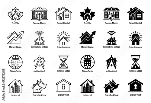 Real estate hybrid icon set featuring house silhouettes merged with symbolic elements like shield maple leaf hourglass and bird in outline and solid styles
