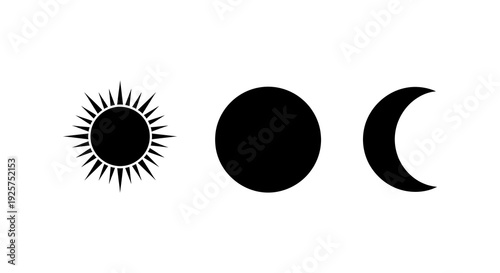 Simple depiction of a sun full moon and crescent moon in a row