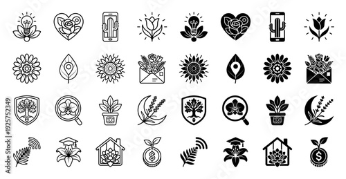 Collection of minimalist hybrid botanical icons merging plant silhouettes with modern symbols like lightbulbs hearts smartphones and currency