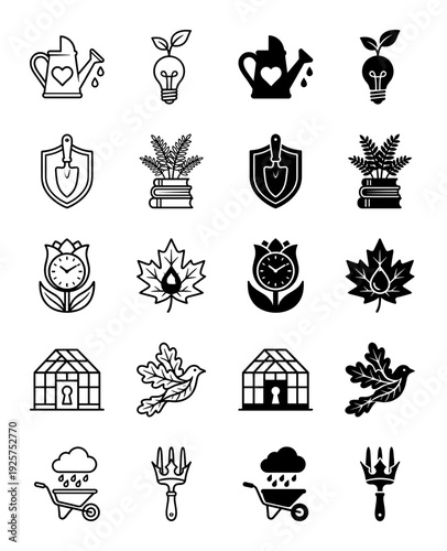 Collection of minimalist hybrid garden icons merging nature and tools including a watering can heart and lightbulb sprout in outline and solid styles