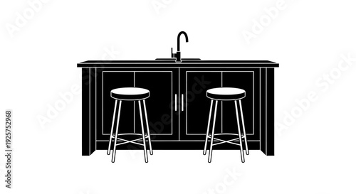 Black and white illustration of a kitchen island with two bar stools