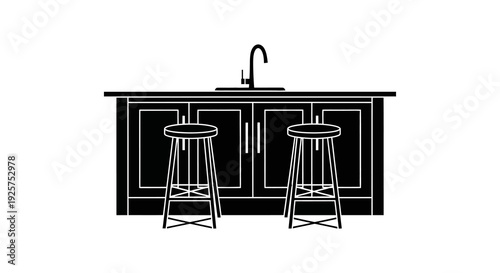 Black and white illustration of a kitchen island with two bar stools