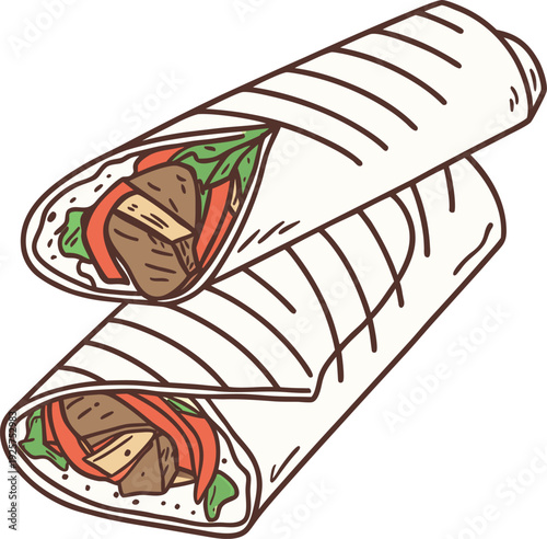 Two colorful cartoon wraps with visible fillings of meat lettuce and tomato