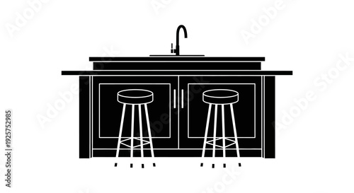 Black and white illustration of a kitchen island with bar stools
