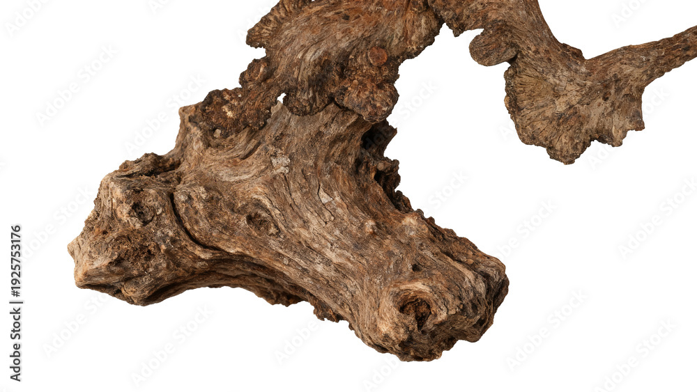 Obraz premium Gnarled driftwood root isolated on transparent background