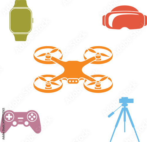 Drone with smartwatch goggles game controller and camera on tripod