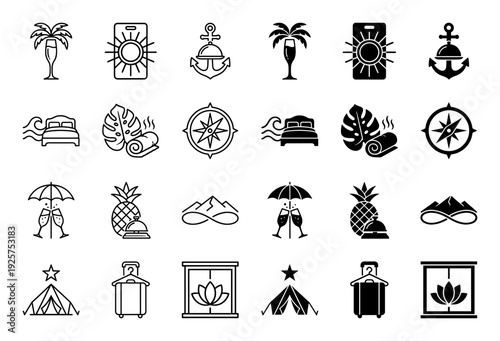 Hybrid travel and wellness icon set featuring creative combinations of tropical elements like palm trees with cocktail glasses and anchors with hotel bells