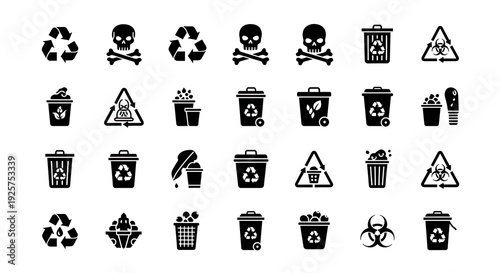 Black & white icons showing recycling, hazardous waste, and trash bin symbols