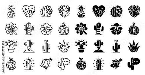 Collection of hybrid succulent and cactus icons merging organic desert flora with conceptual metaphors like lightbulbs gears shields and diamonds
