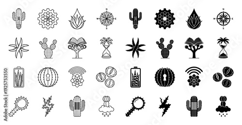 Collection of desert plant icons merging organic cactus forms with industrial symbols like gears light bulbs compass needles and power meters