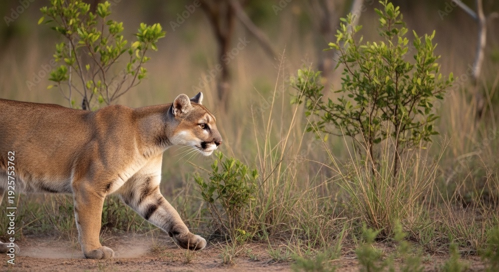 Fototapeta premium A mountain lion walks through a natural landscape with trees and grass