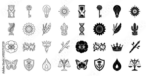 Monochrome hybrid icons merging organic nature elements with symbolic objects like hourglass tulips rose keys and botanical light bulbs in outline and solid styles