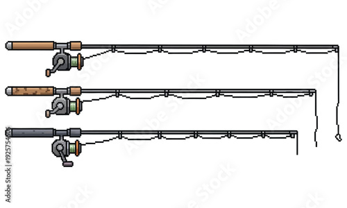 Set of Four Colorful Fishing Rod Illustrations in Pixel Art Style, Featuring Different Reels, Hooks, Lures, and a Fish Catch, Perfect for Fishing Game Assets, Mobile Apps, and Outdoor Hobby Graphics.