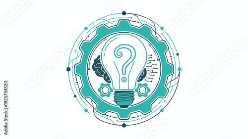 Abstract light bulb with question mark inside a gear mechanism.