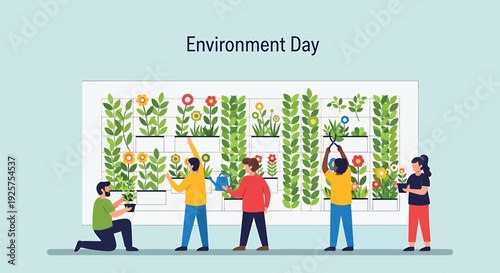 Environment Day vector illustration of people planting flowers