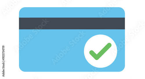 A blue credit card with a magnetic stripe and a green checkmark icon