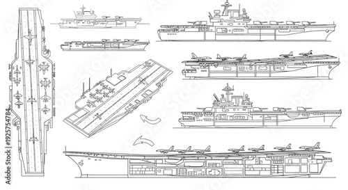 Detailed technical drawings of various aircraft carrier designs and perspectives.