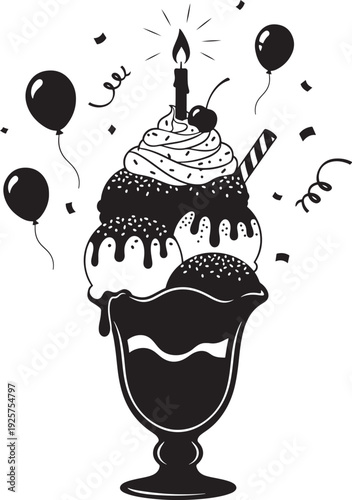 A celebratory ice cream sundae with a birthday candle, cherries, and balloons, perfect for festive occasions.