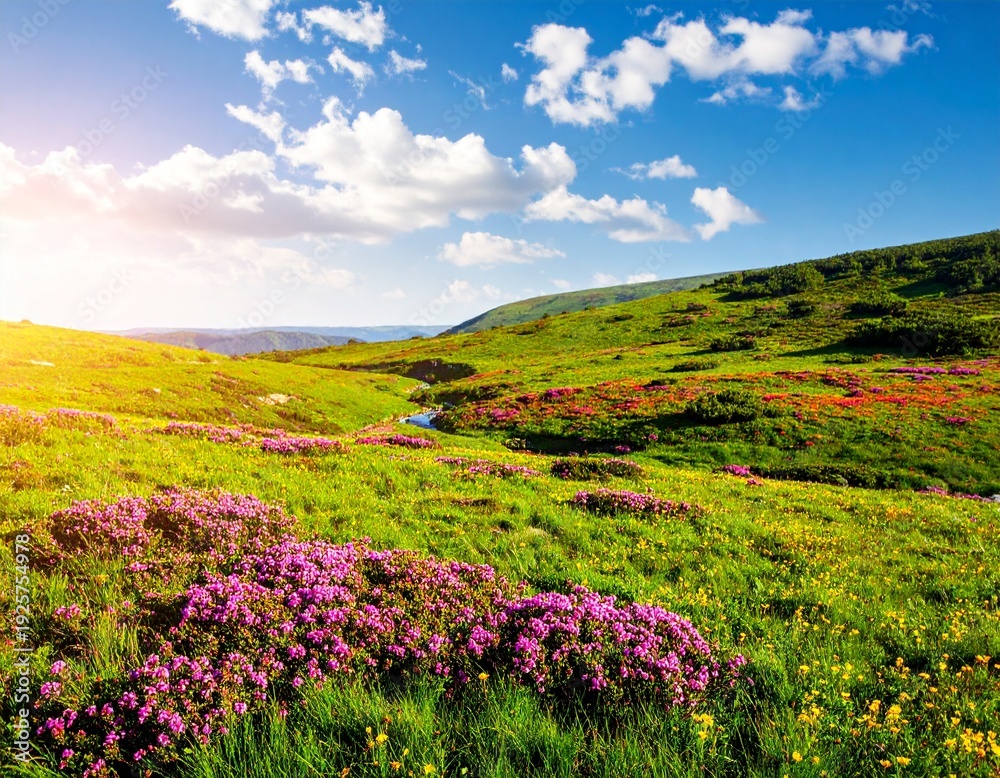 Obraz premium Wide spring meadow covered with colorful wildflowers, fresh green grass, blue sky with fluffy clouds, warm sunlight, cinematic landscape photography, vibrant natural colors, peaceful atmosphere