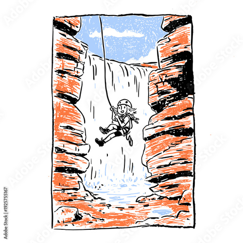 Rappelling Adventurer in Narrow Canyon Gorge