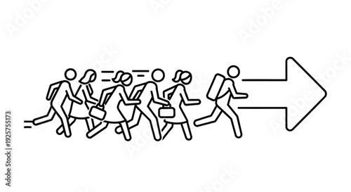 Line drawing of people running or rushing towards a directional arrow