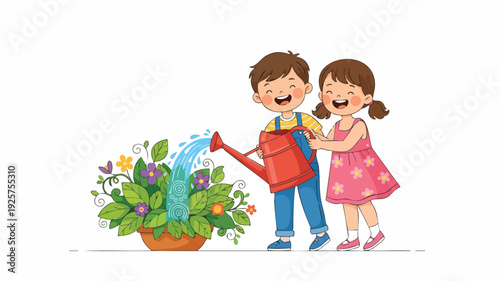 Children happily watering plants together in a garden.