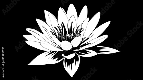 A stark, high-contrast monochrome illustration of a fully bloomed aquatic flower, isolated against black